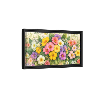 Side Mockup 8. Colorful Primrose Bouquet shown as framed canvas print