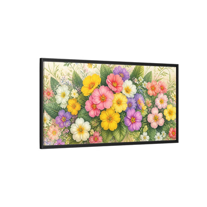 Side Mockup 5. Colorful Primrose Bouquet shown as framed canvas print