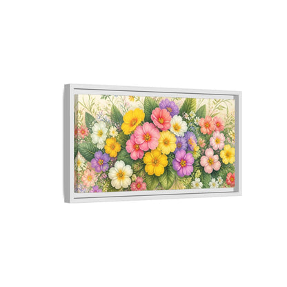 Side Mockup 6. Colorful Primrose Bouquet shown as framed canvas print
