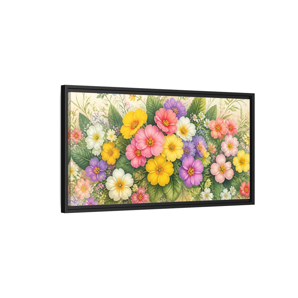 Side Mockup 2. Colorful Primrose Bouquet shown as framed canvas print