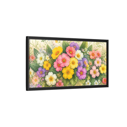 Side Mockup 2. Colorful Primrose Bouquet shown as framed canvas print