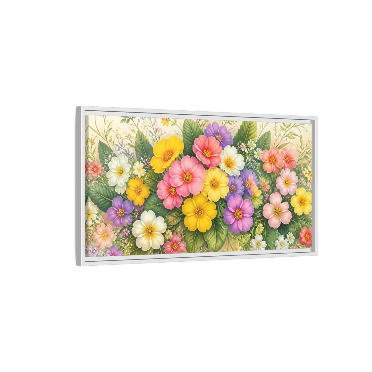 Side Mockup 1. Colorful Primrose Bouquet shown as framed canvas print