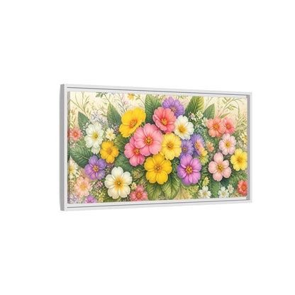 Side Mockup 1. Colorful Primrose Bouquet shown as framed canvas print