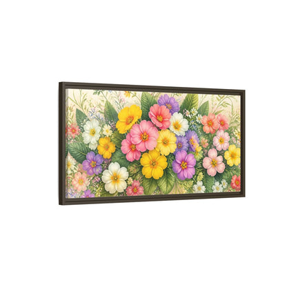 Main Mockup. Colorful Primrose Bouquet shown as framed canvas print