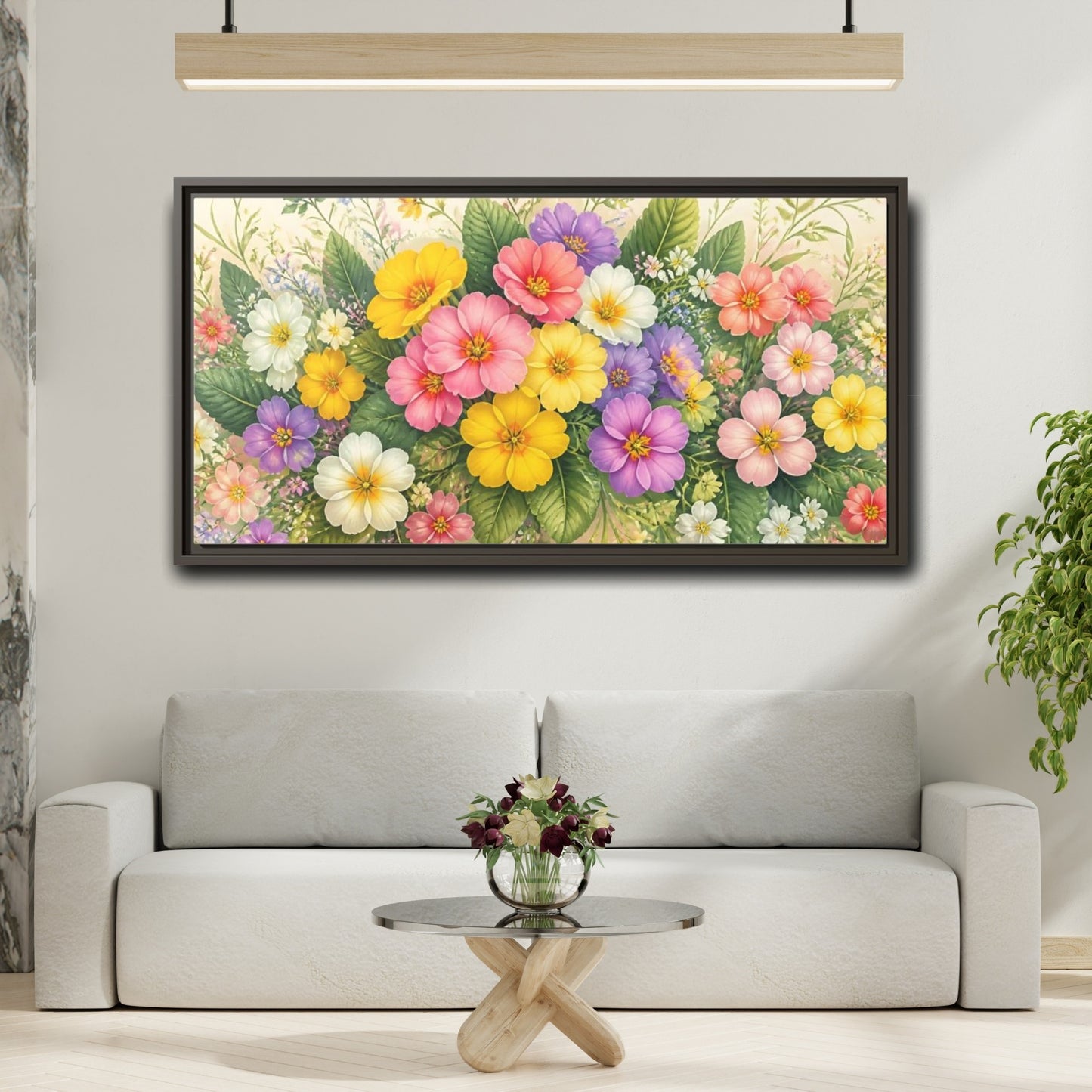 Mockup 2. Colorful Primrose Bouquet shown as framed canvas print