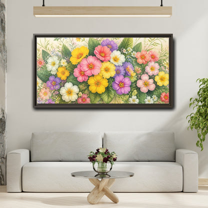 Mockup 2. Colorful Primrose Bouquet shown as framed canvas print