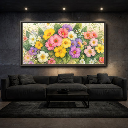 Mockup 3. Colorful Primrose Bouquet shown as framed canvas print
