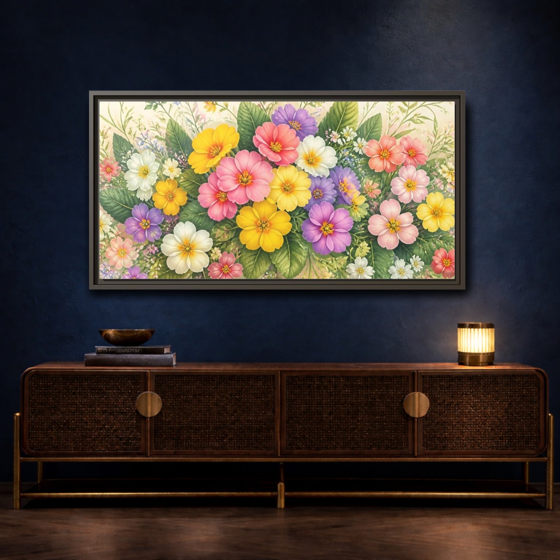 Mockup 4. Colorful Primrose Bouquet shown as framed canvas print