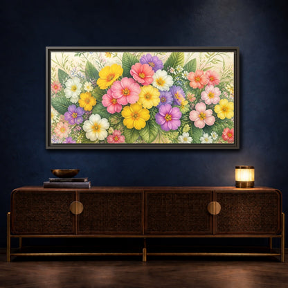 Mockup 4. Colorful Primrose Bouquet shown as framed canvas print