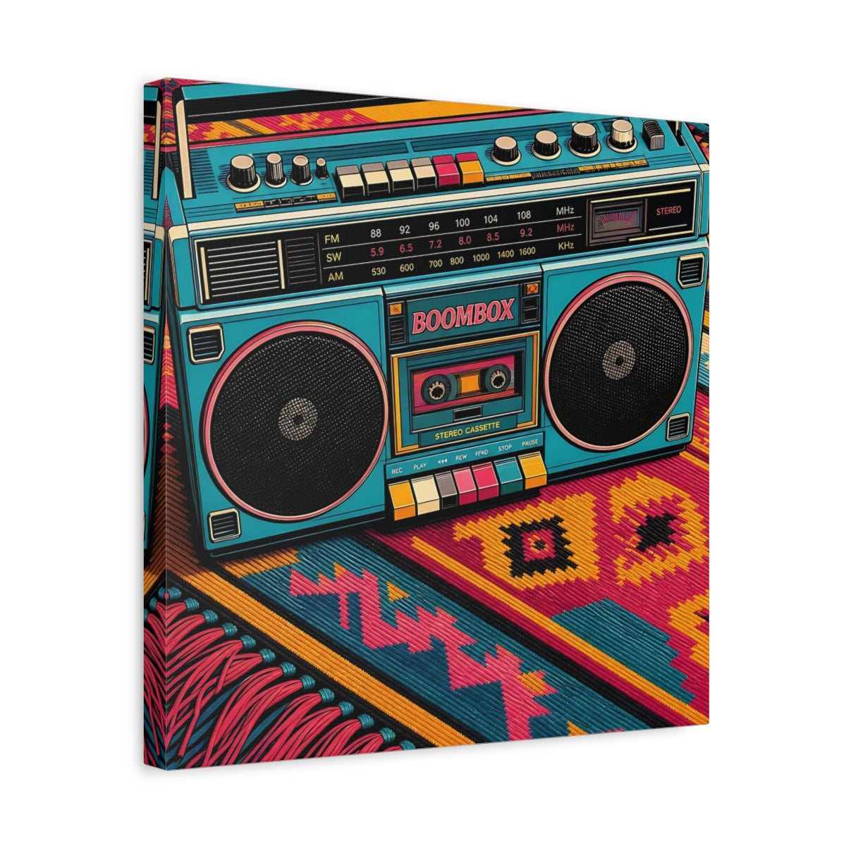 Side Mockup 6. Colorful Retro Boombox shown as canvas print