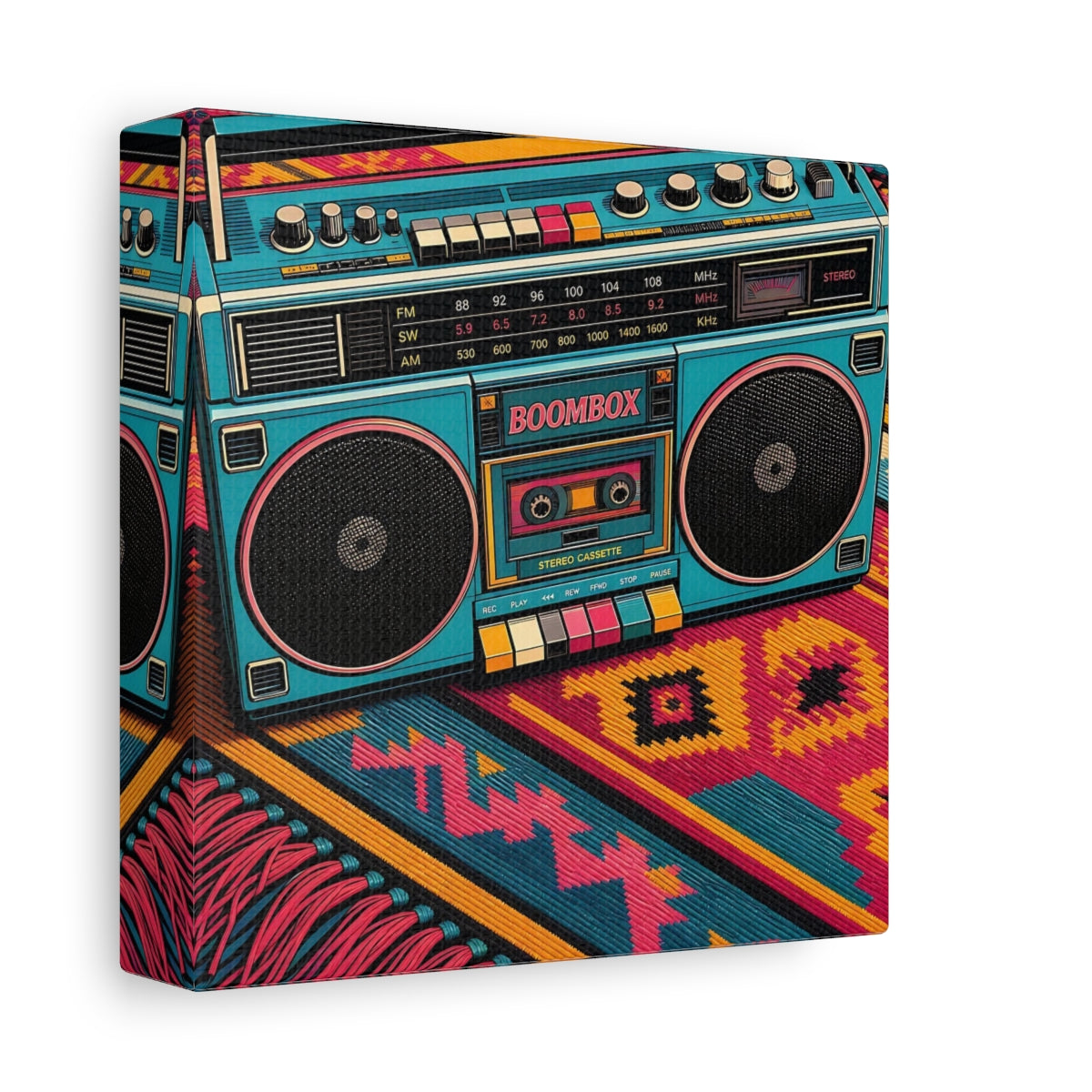 Side Mockup 2. Colorful Retro Boombox shown as canvas print