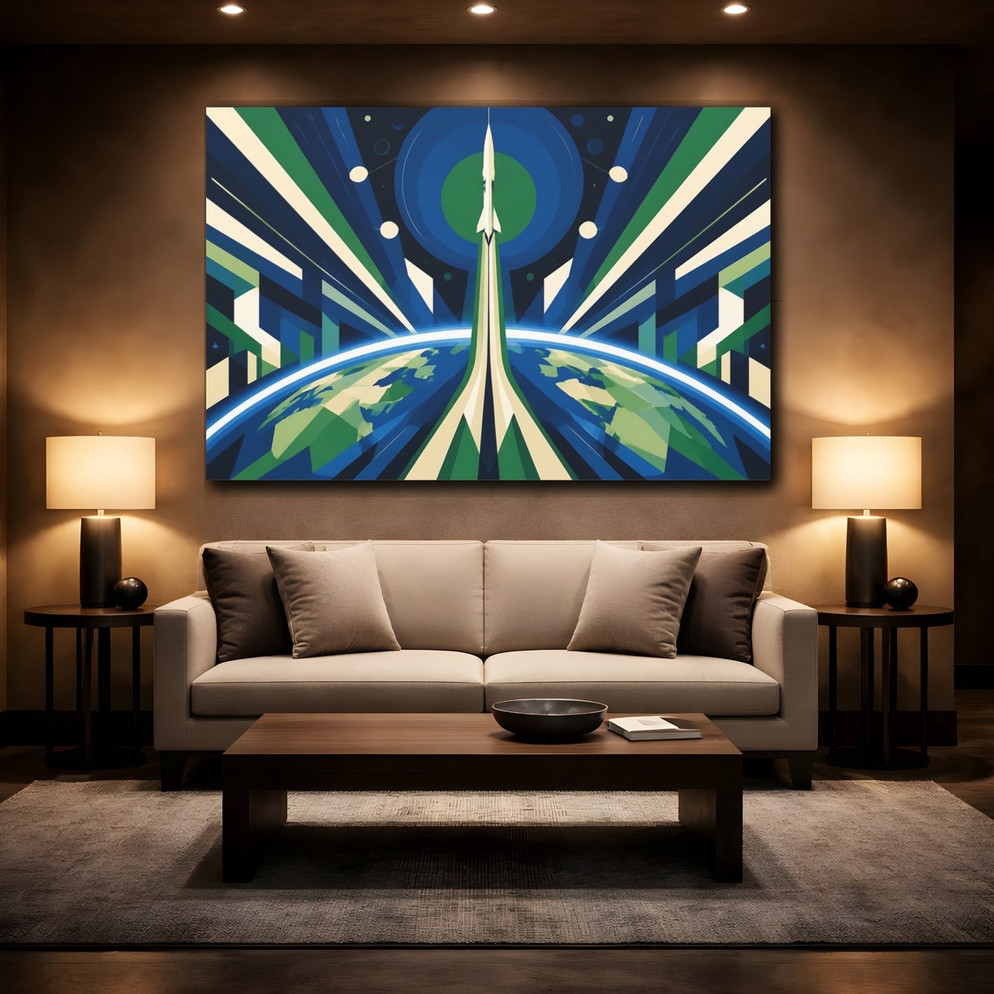 Mockup 2. Constructivist Rocket Ascent shown as canvas print