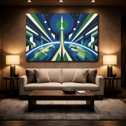 Mockup 2. Constructivist Rocket Ascent shown as canvas print