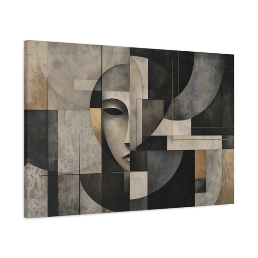 Main Mockup. Contemplative Geometric Face shown as canvas print