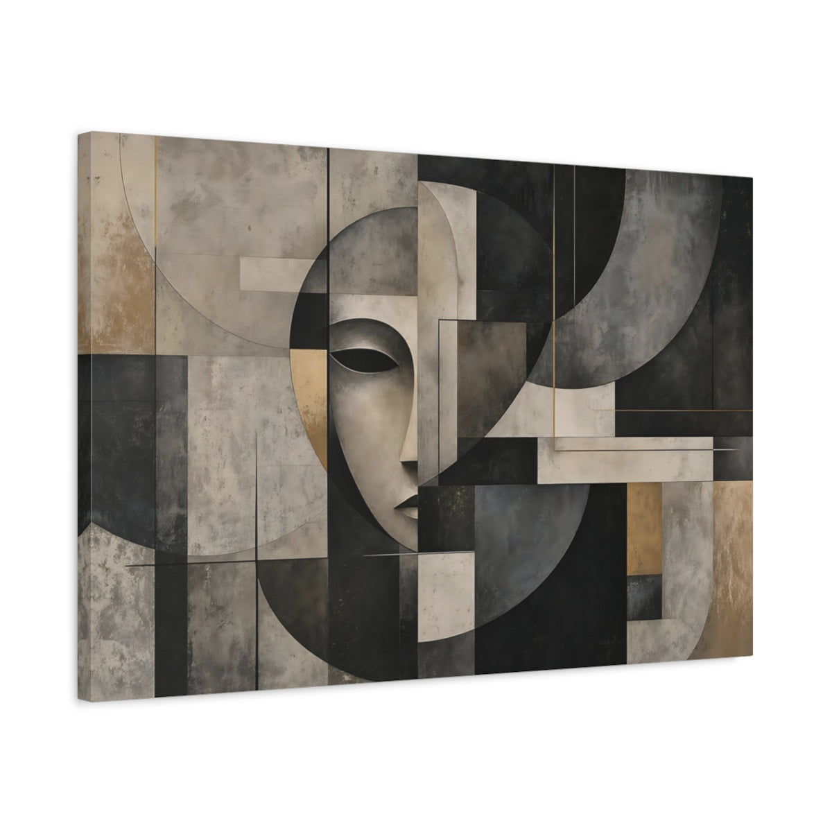 Side Mockup 2. Contemplative Geometric Face shown as canvas print