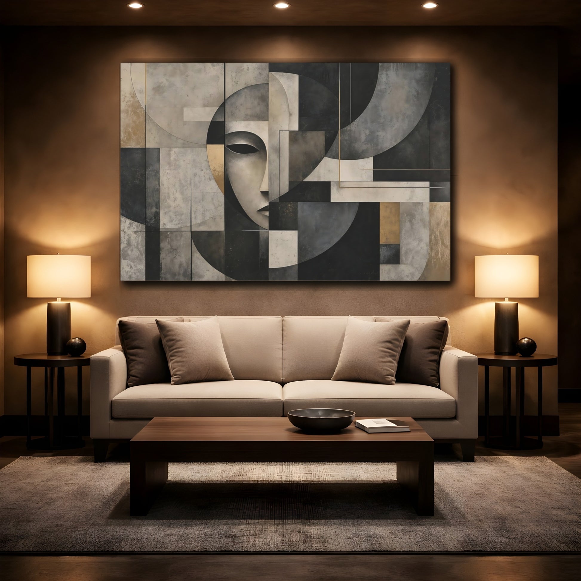 Mockup 2. Contemplative Geometric Face shown as canvas print