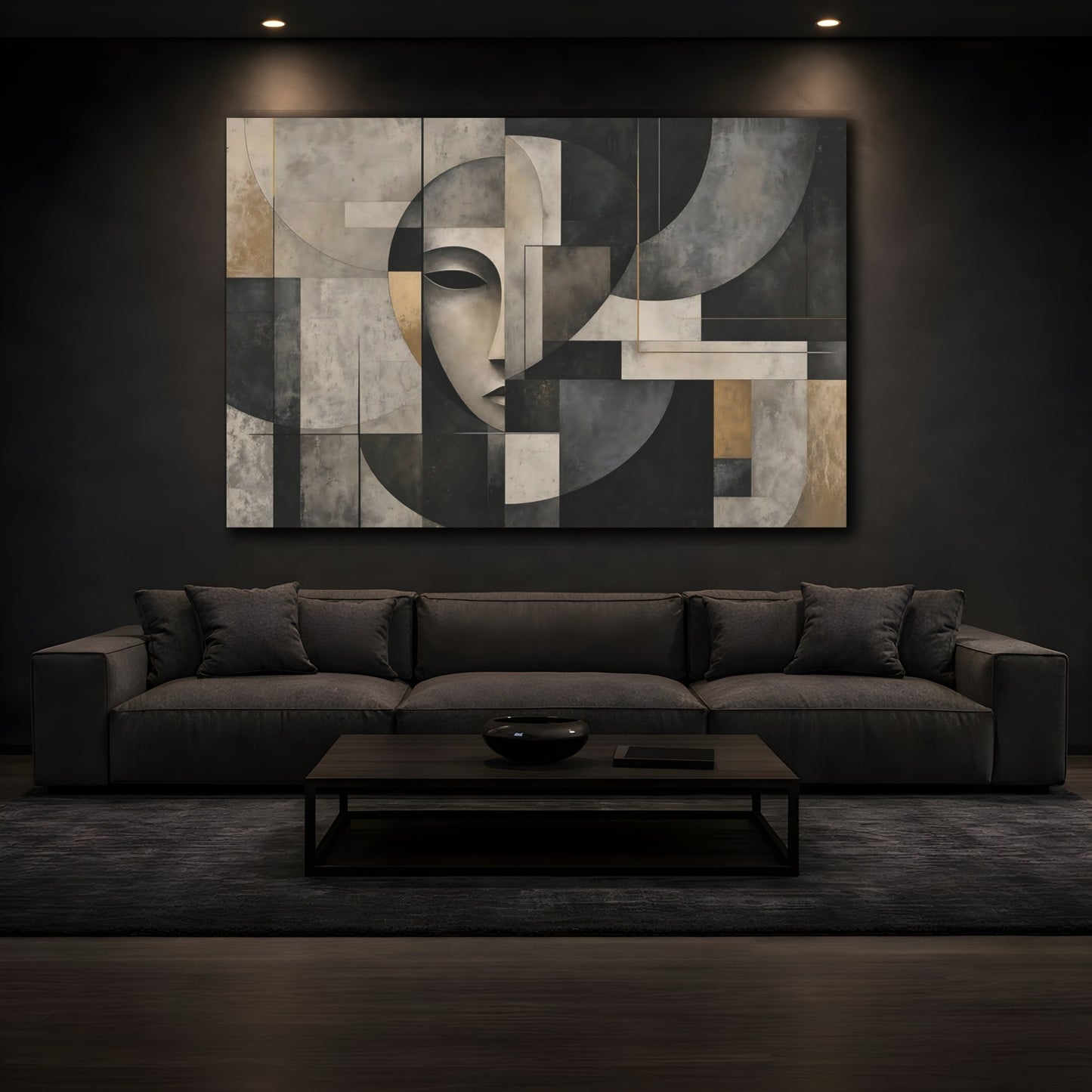 Mockup 3. Contemplative Geometric Face shown as canvas print