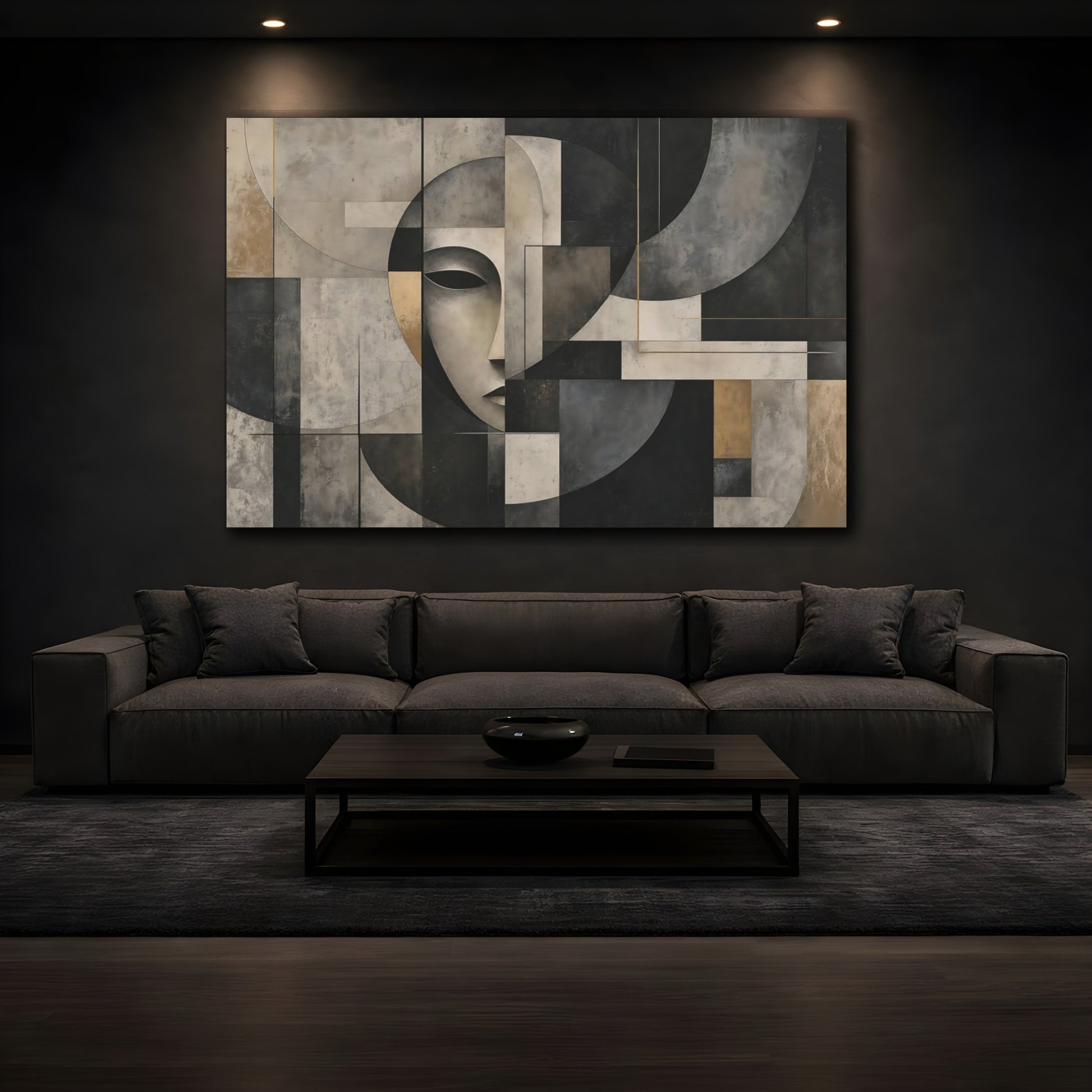 Mockup 3. Contemplative Geometric Face shown as canvas print
