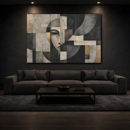 Mockup 3. Contemplative Geometric Face shown as canvas print