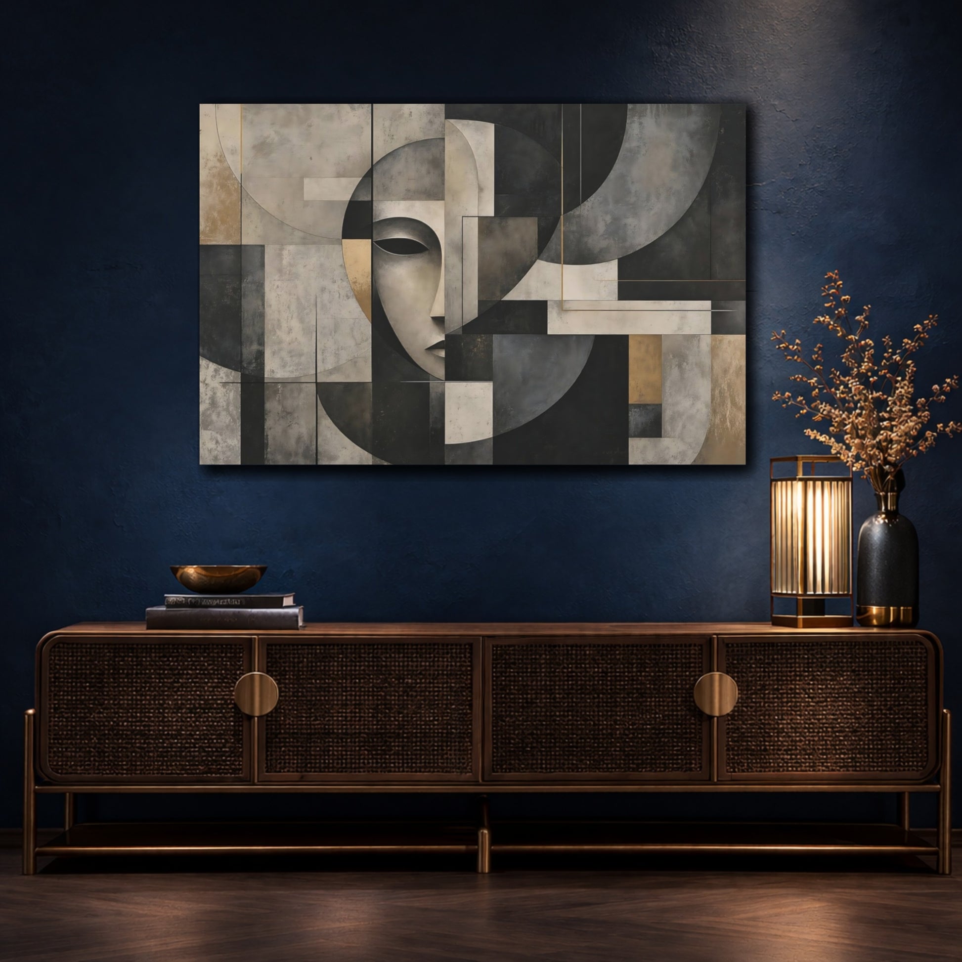 Mockup 4. Contemplative Geometric Face shown as canvas print