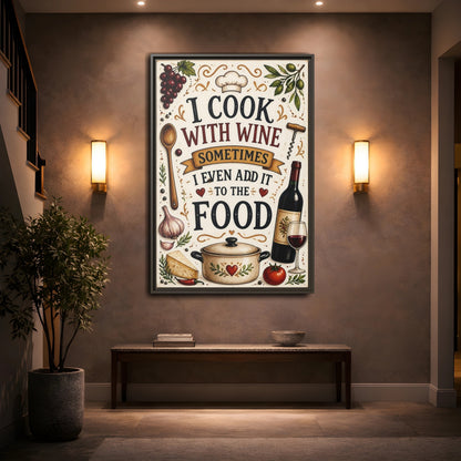 Mockup 2. Cooking With Wine Quote shown as framed canvas print