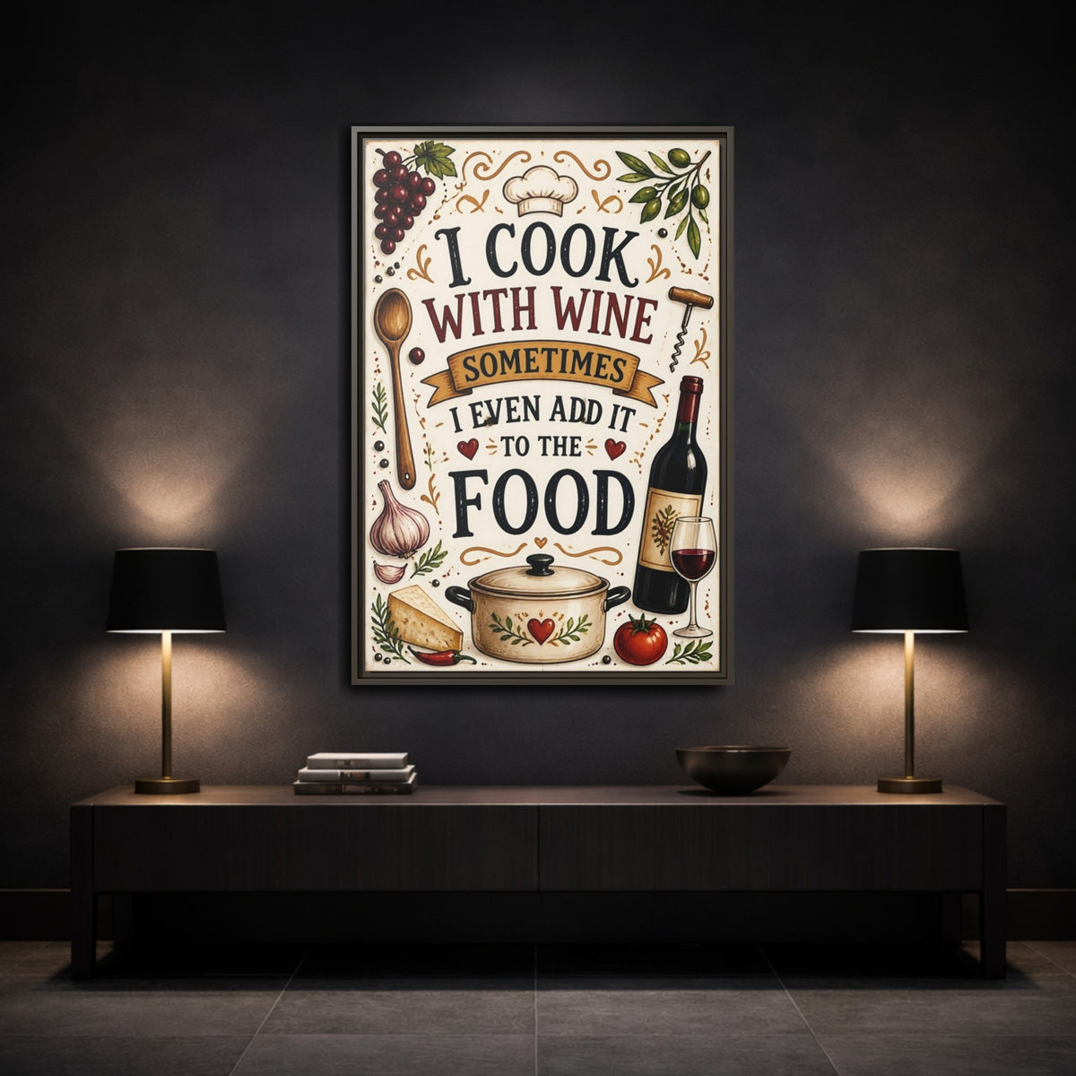 Mockup 3. Cooking With Wine Quote shown as framed canvas print