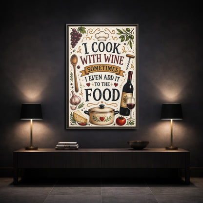 Mockup 3. Cooking With Wine Quote shown as framed canvas print