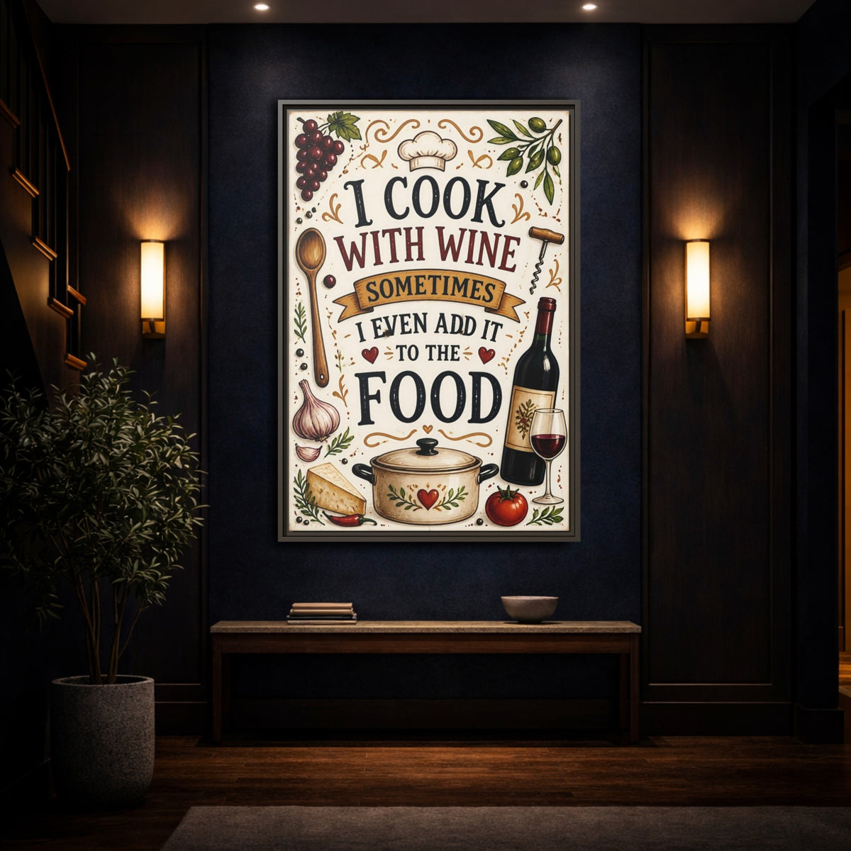 Mockup 4. Cooking With Wine Quote shown as framed canvas print
