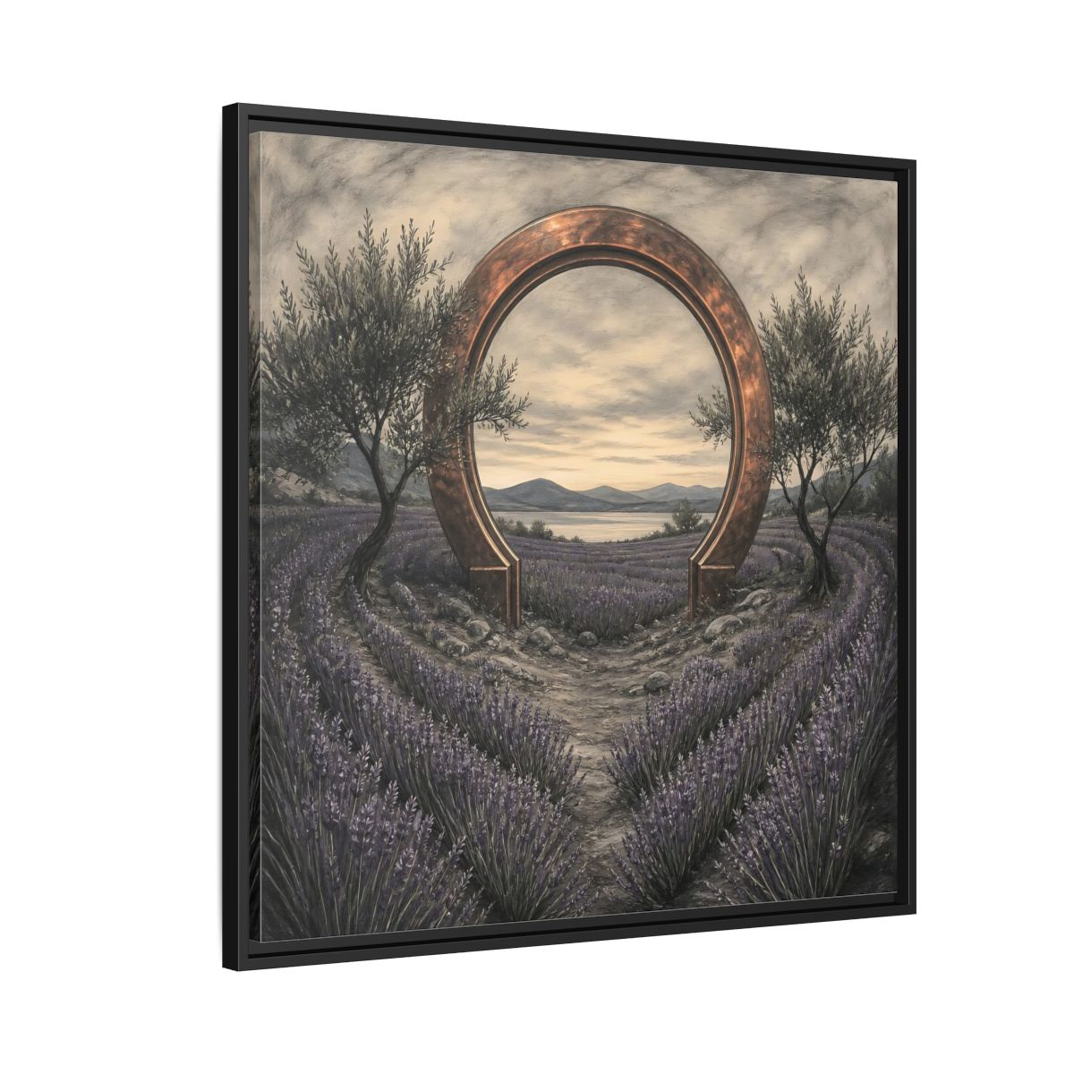 Side Mockup 9. Copper Archway In Lavender shown as framed canvas print