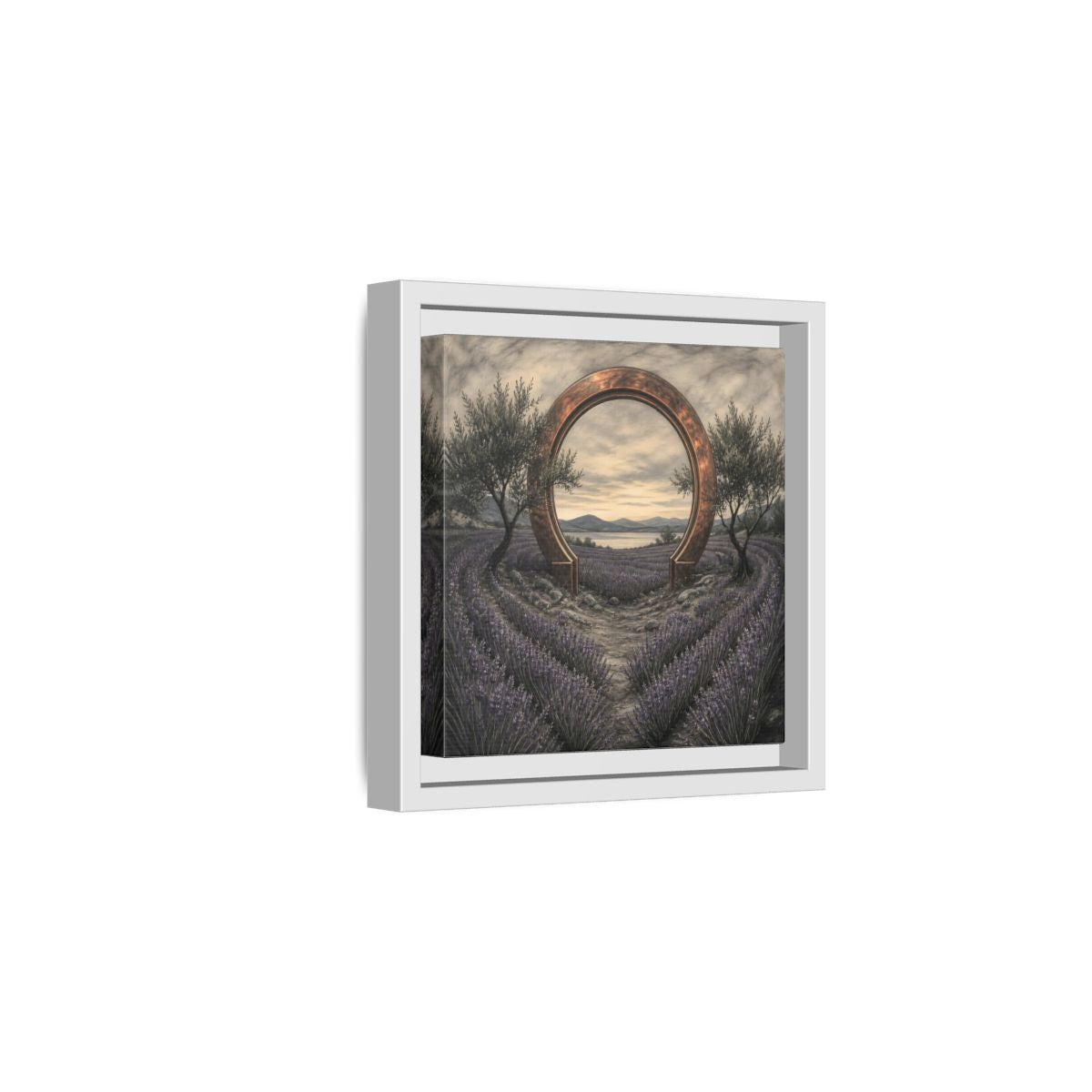 Side Mockup 1. Copper Archway In Lavender shown as framed canvas print