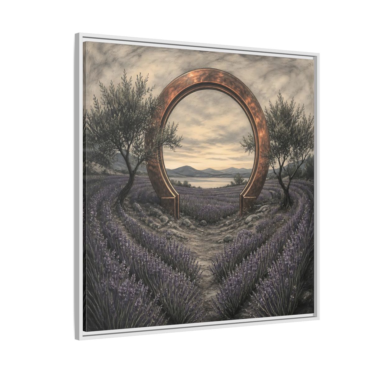Side Mockup 4. Copper Archway In Lavender shown as framed canvas print