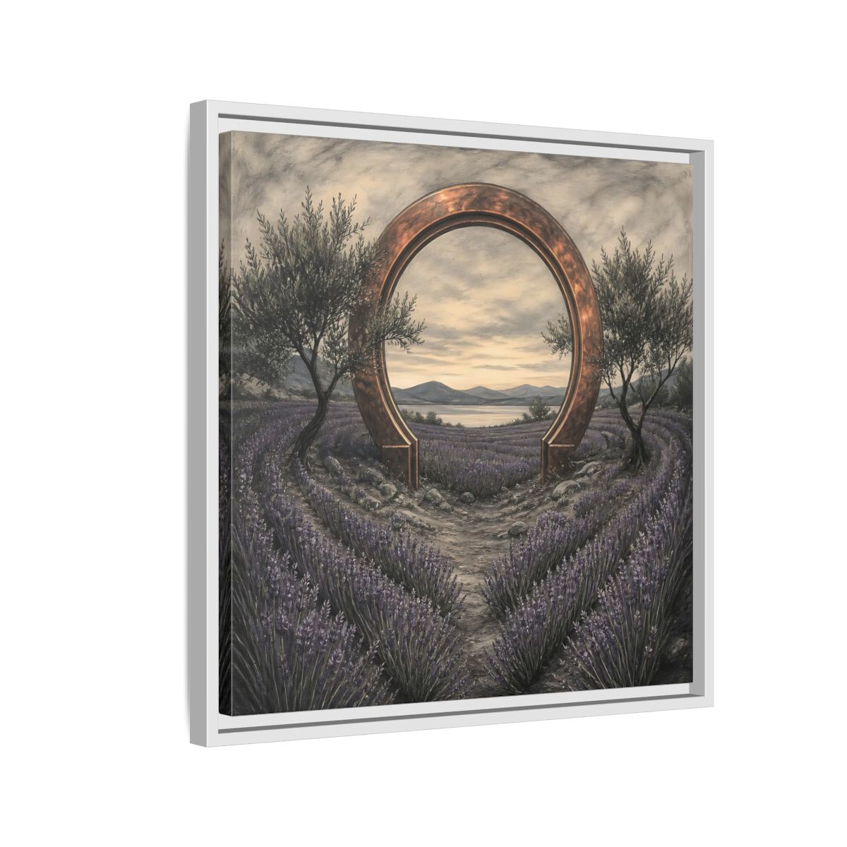 Side Mockup 10. Copper Archway In Lavender shown as framed canvas print
