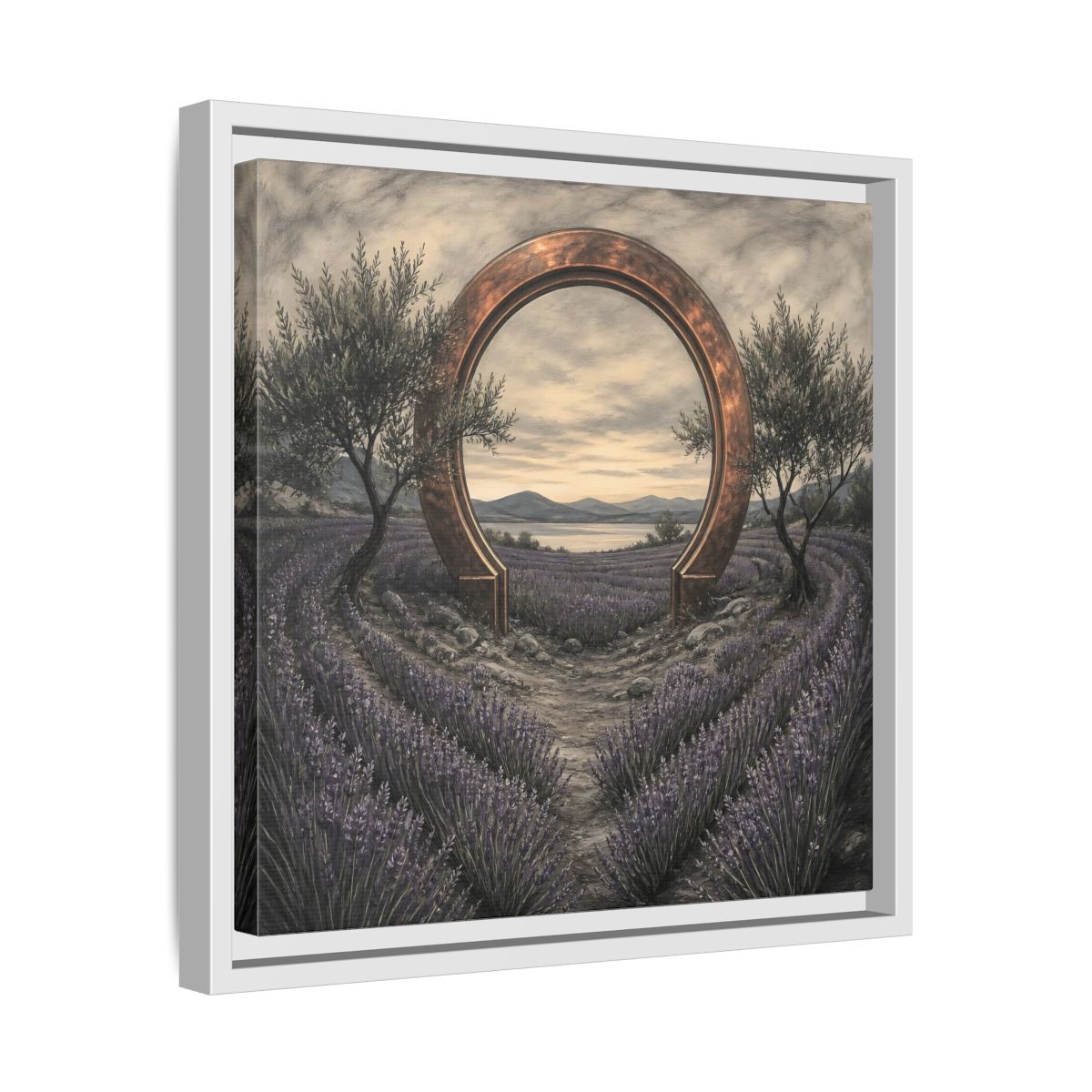 Side Mockup 28. Copper Archway In Lavender shown as framed canvas print