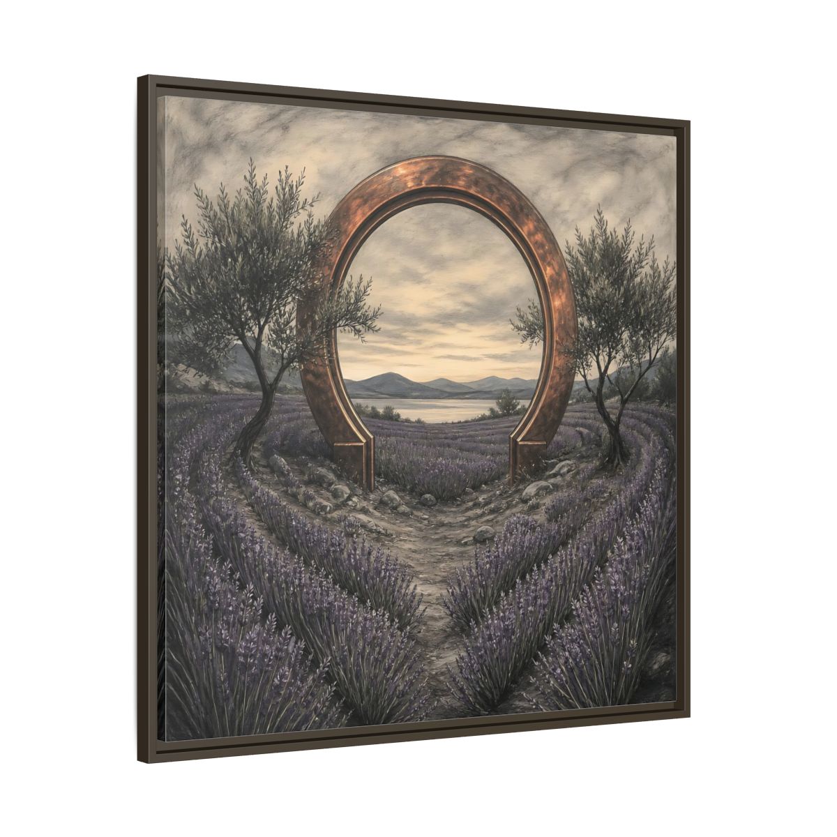 Main Mockup. Copper Archway In Lavender shown as framed canvas print