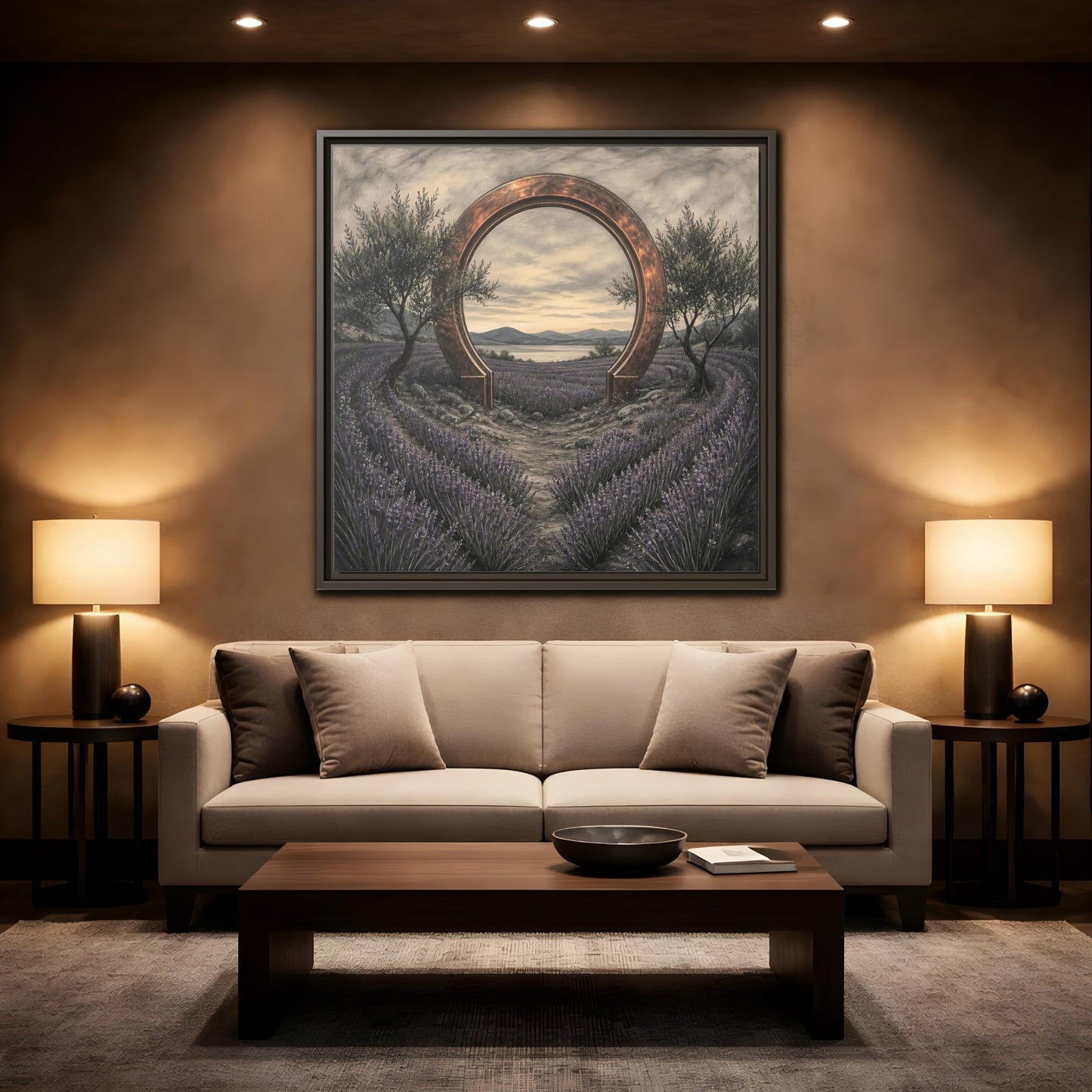 Mockup 2. Copper Archway In Lavender shown as framed canvas print