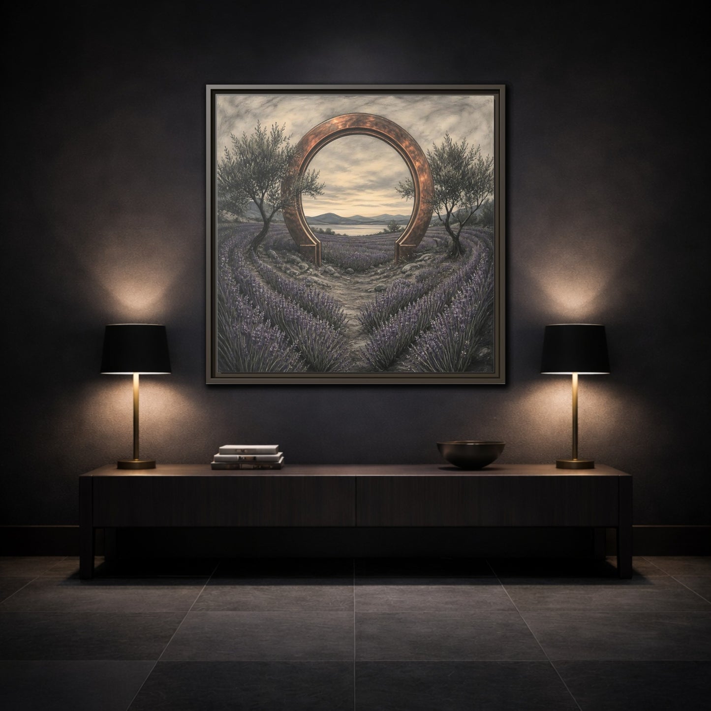 Mockup 3. Copper Archway In Lavender shown as framed canvas print