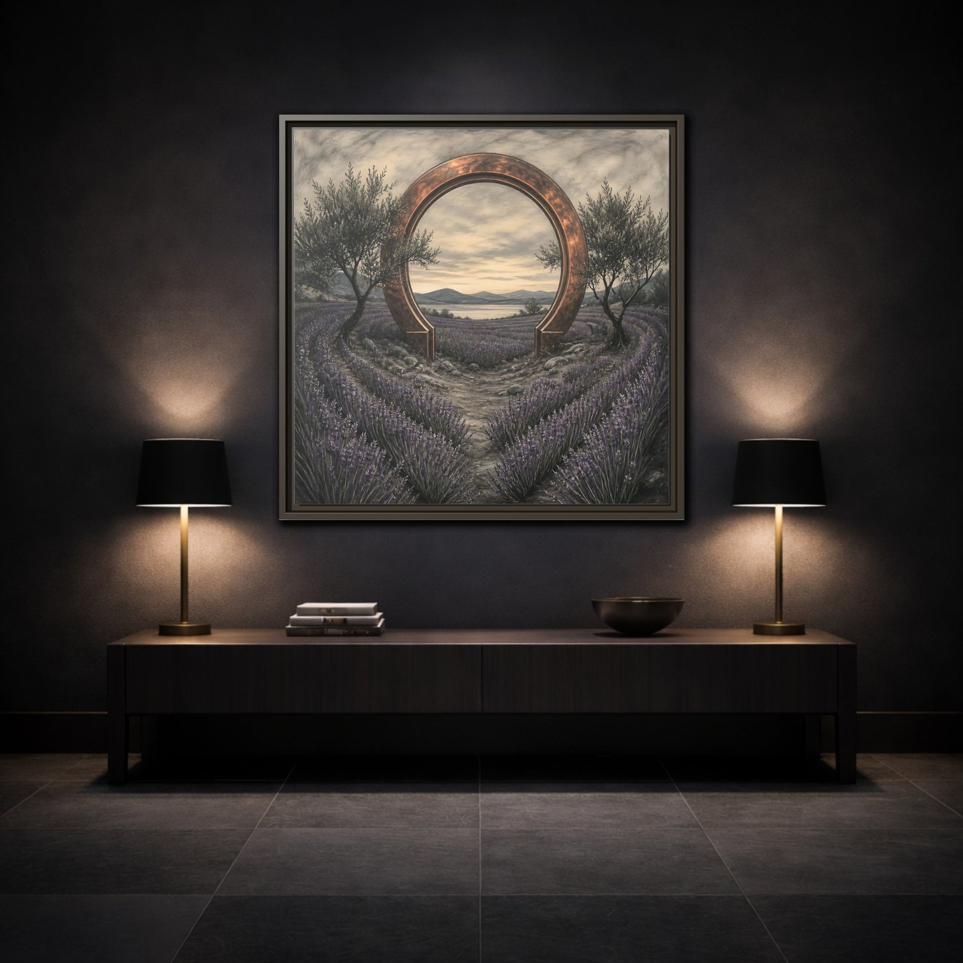 Mockup 3. Copper Archway In Lavender shown as framed canvas print
