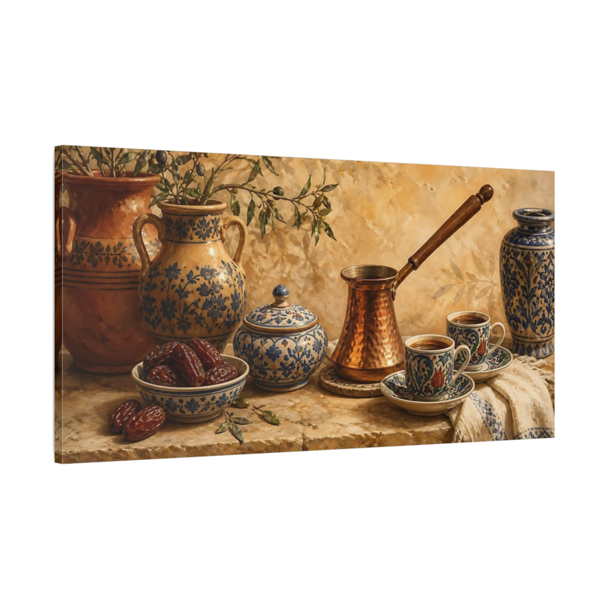Main Mockup. Copper Cezve & Ceramic Cups shown as canvas print