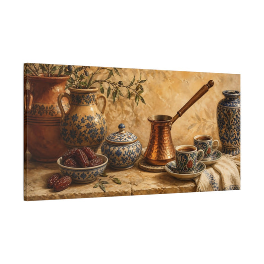 Main Mockup. Copper Cezve & Ceramic Cups shown as canvas print