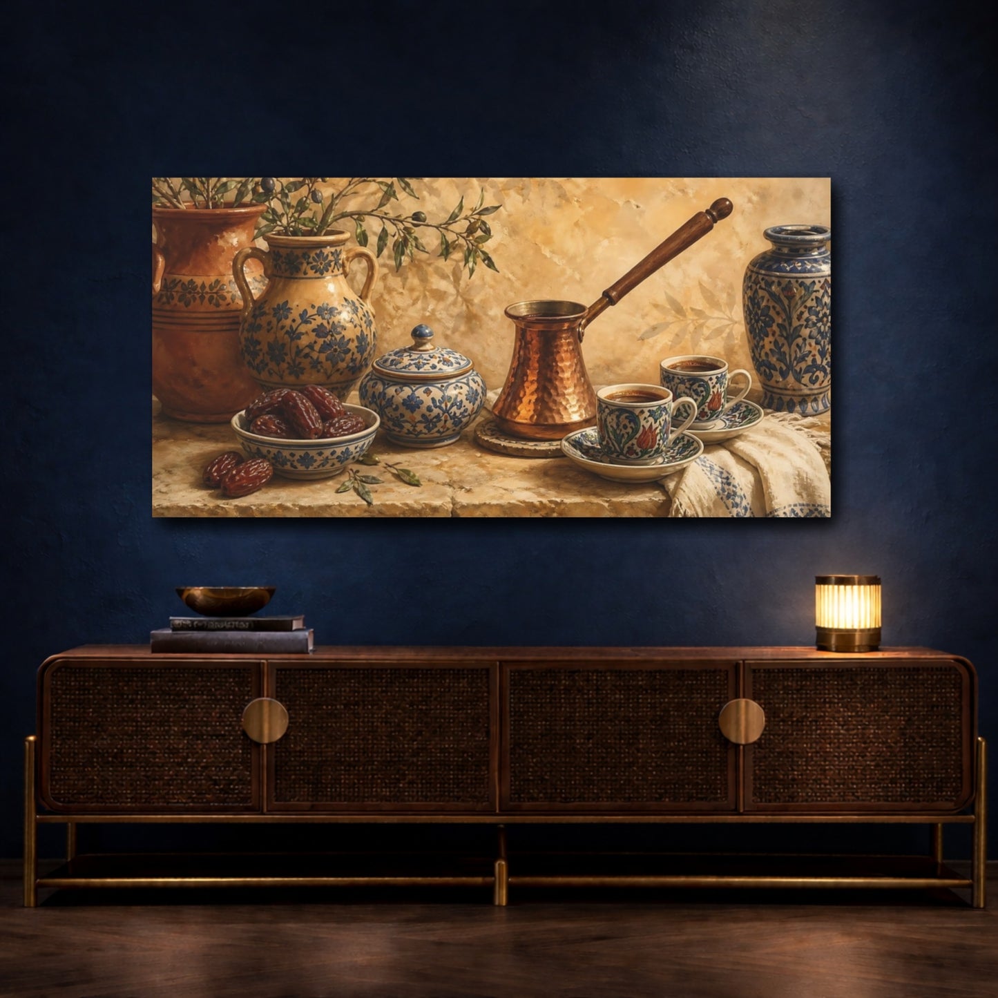 Mockup 4. Copper Cezve & Ceramic Cups shown as canvas print