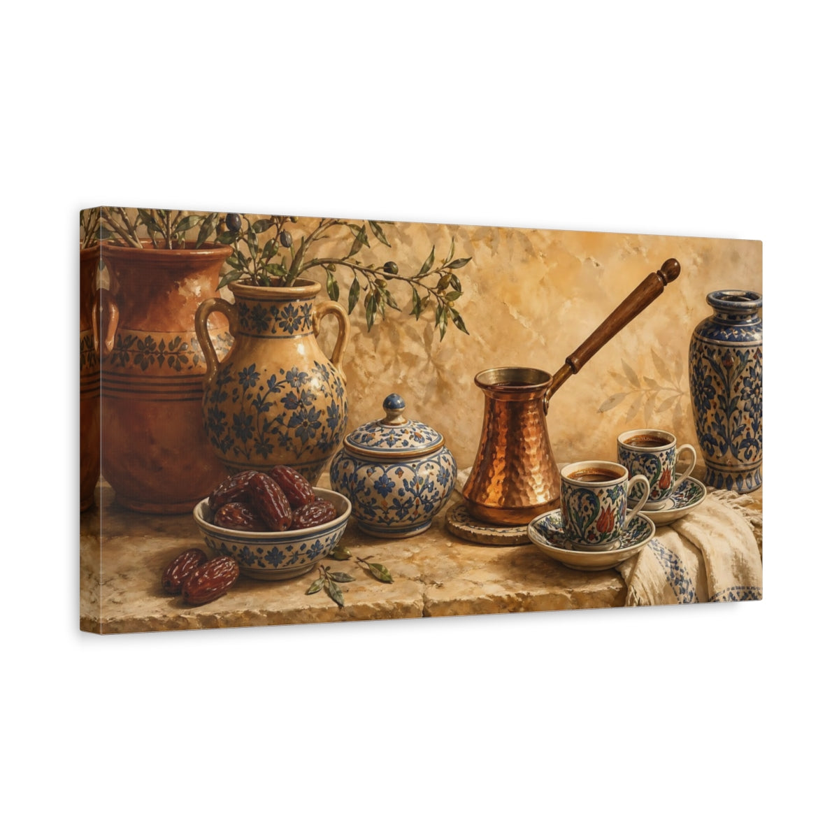 Side Mockup 3. Copper Cezve & Ceramic Cups shown as canvas print