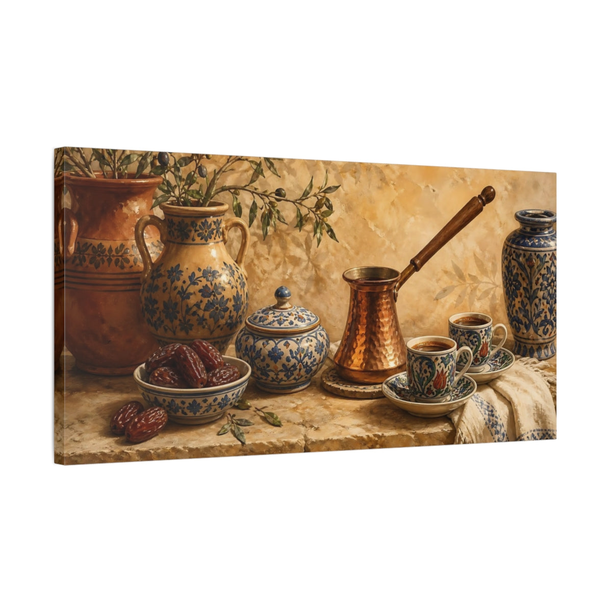 Side Mockup 1. Copper Cezve & Ceramic Cups shown as canvas print