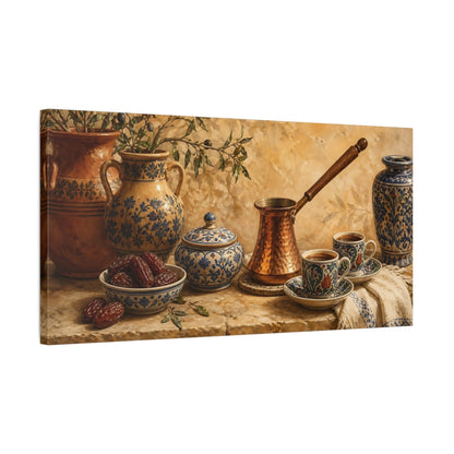 Side Mockup 1. Copper Cezve & Ceramic Cups shown as canvas print