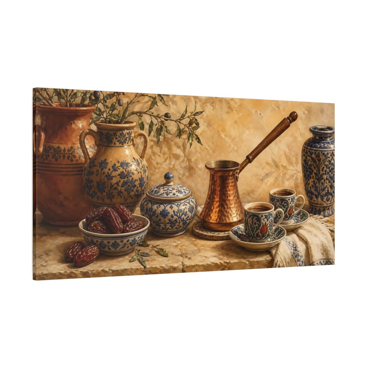 Side Mockup 2. Copper Cezve & Ceramic Cups shown as canvas print