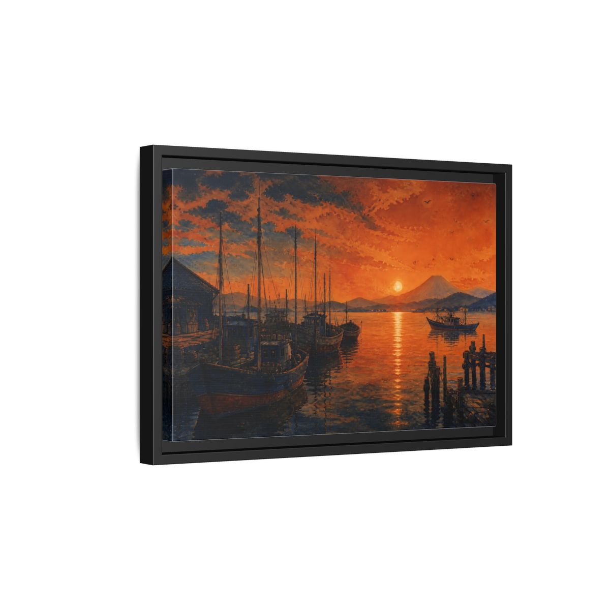 Side Mockup 6. Copper Sunset Harbor shown as framed canvas print