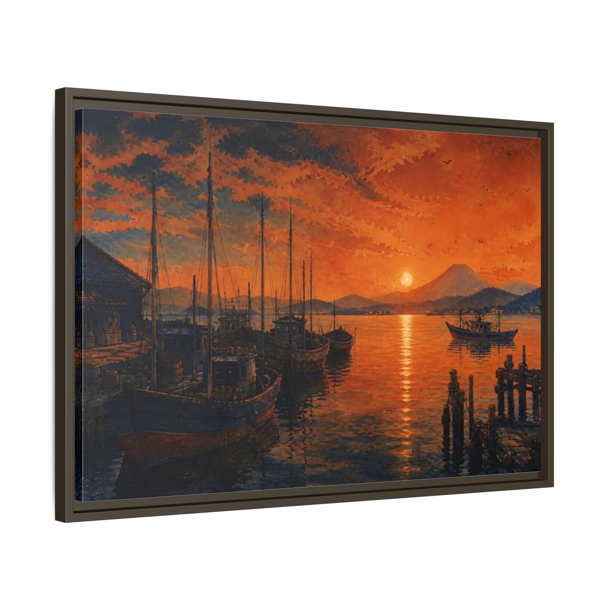 Side Mockup 11. Copper Sunset Harbor shown as framed canvas print
