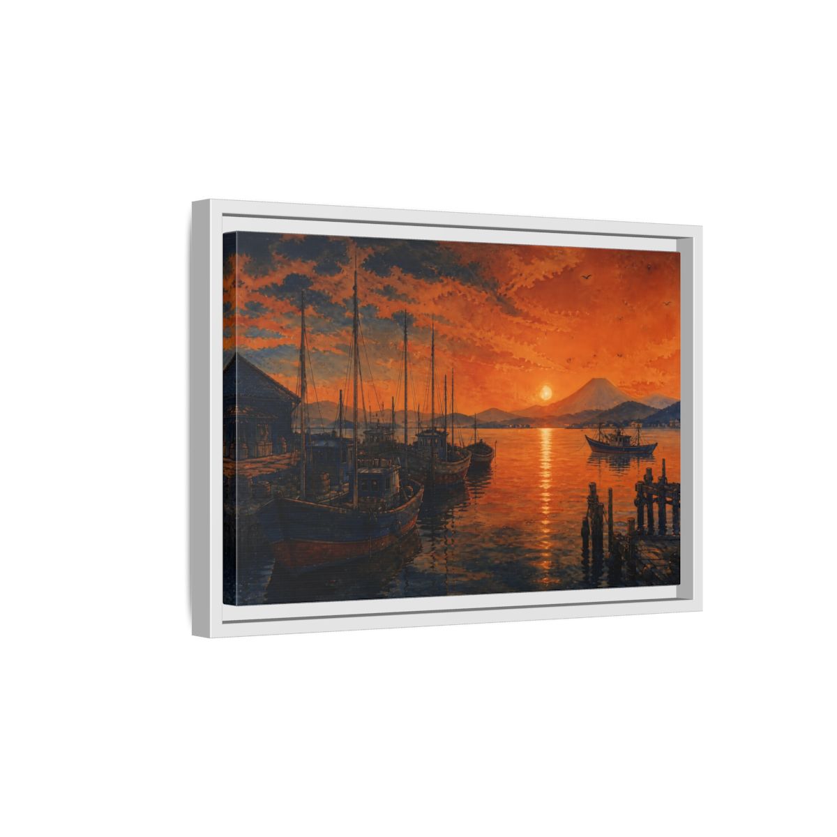 Side Mockup 4. Copper Sunset Harbor shown as framed canvas print