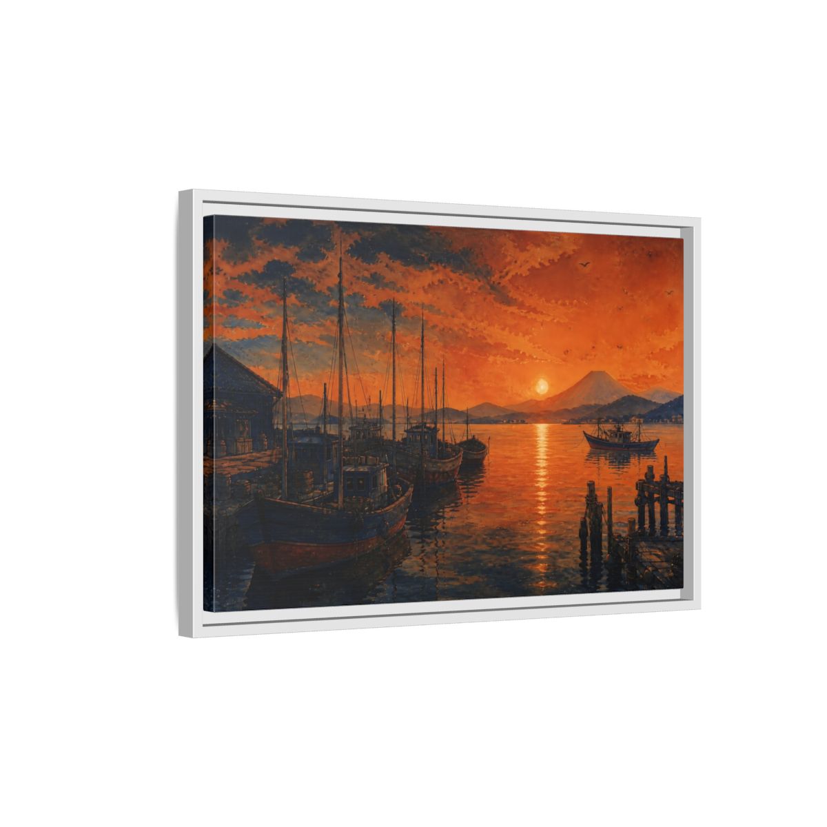 Side Mockup 1. Copper Sunset Harbor shown as framed canvas print