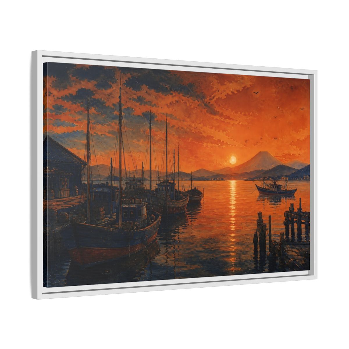 Side Mockup 10. Copper Sunset Harbor shown as framed canvas print