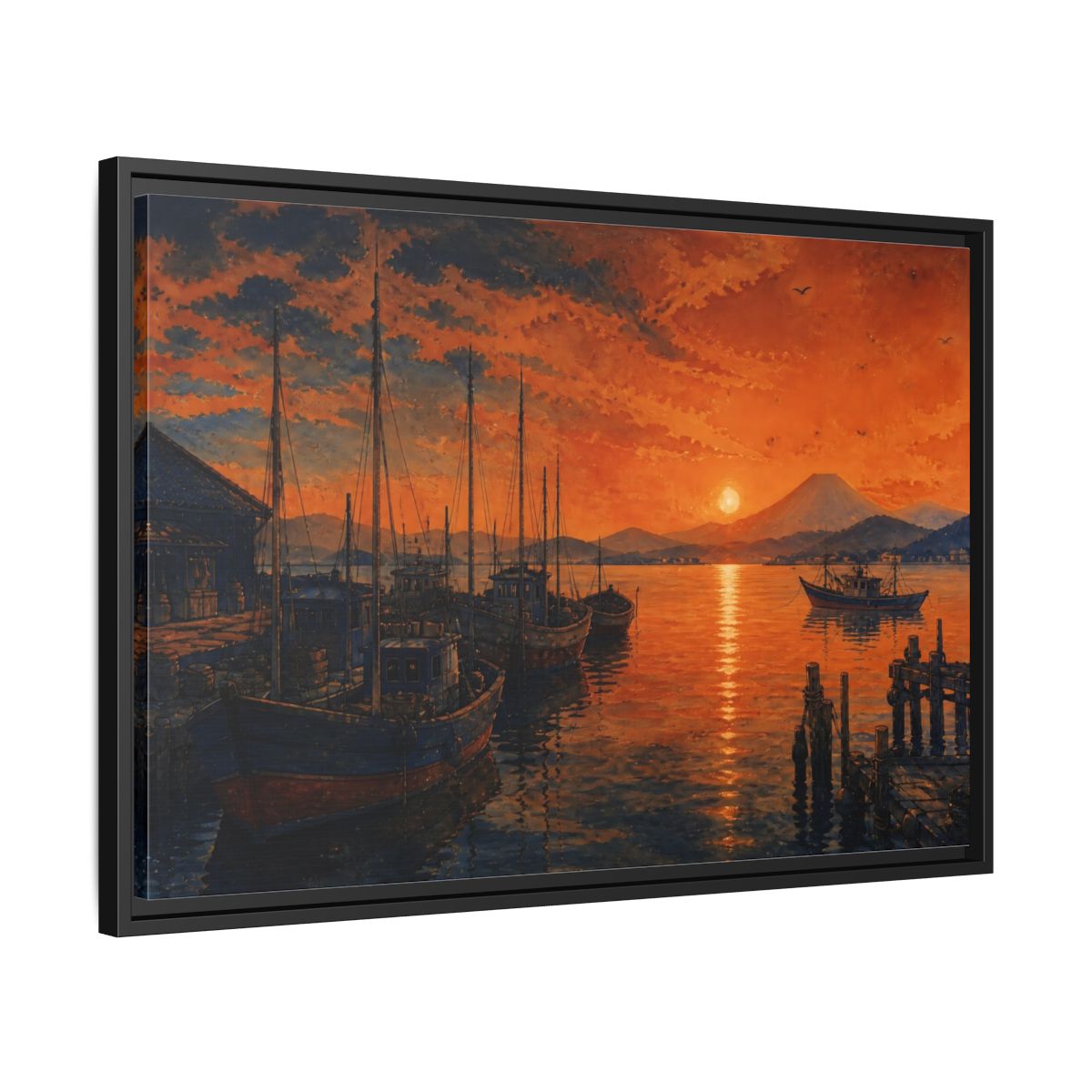 Side Mockup 14. Copper Sunset Harbor shown as framed canvas print